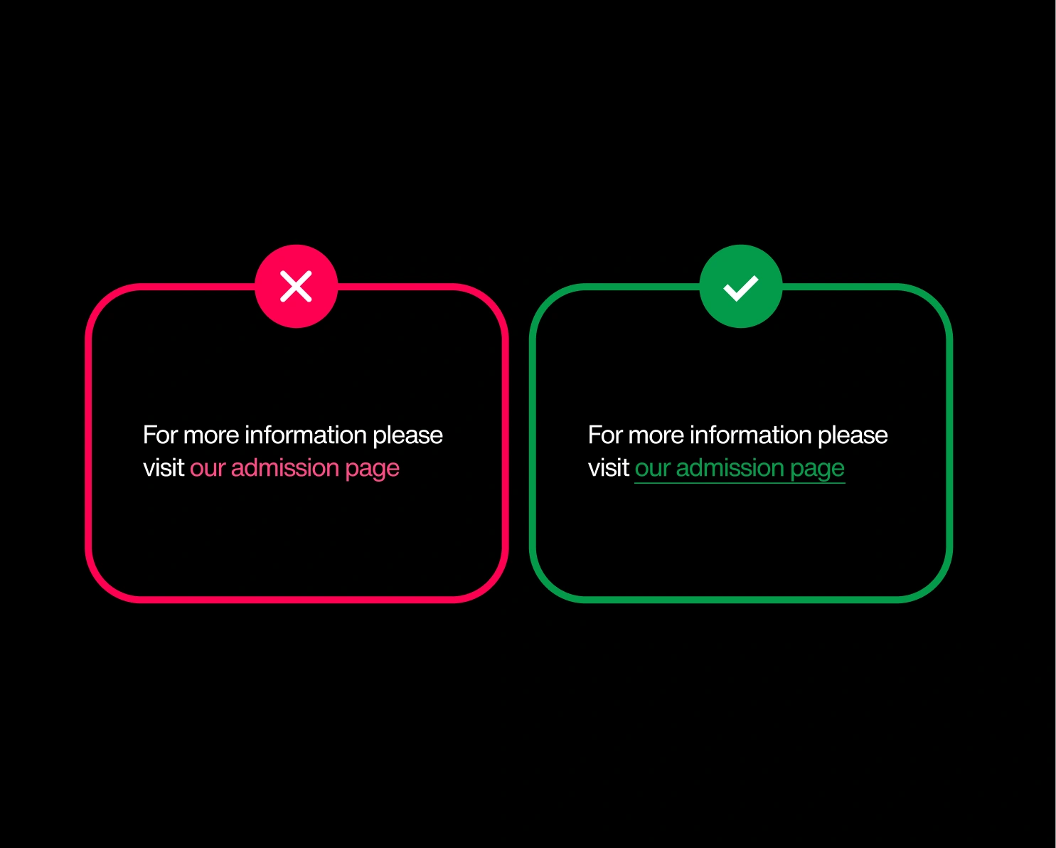 A text link identified only by color is shown as inaccessible. The accessible version adds an underline so the link remains distinguishable without relying on color alone.