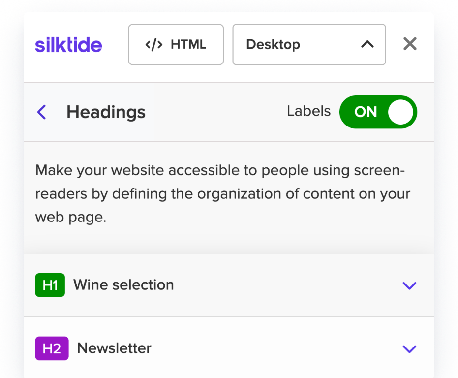The toolbar's Headings panel listing a page's H1 and H2
