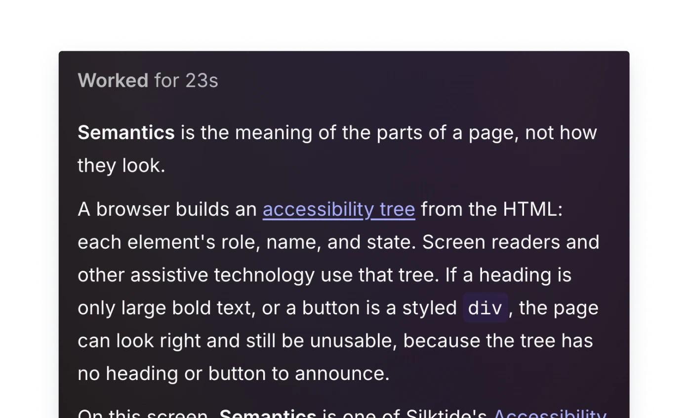Silktide AI explaining what semantics means in accessibility and how a browser builds an accessibility tree