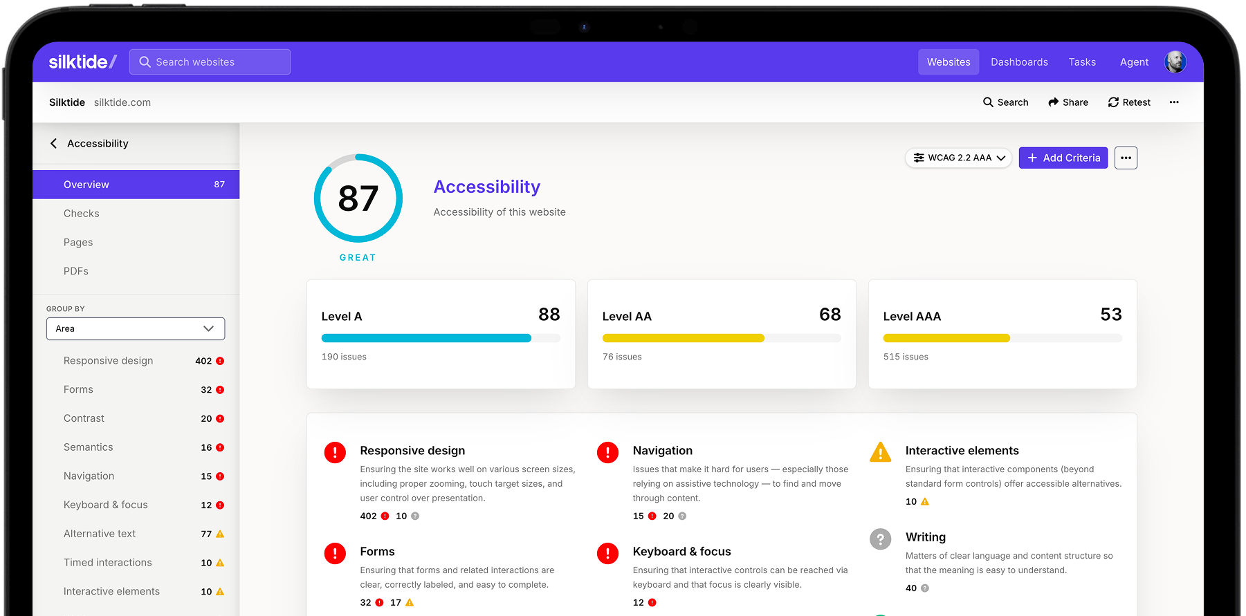 An accessibility report in Silktide, on a tablet