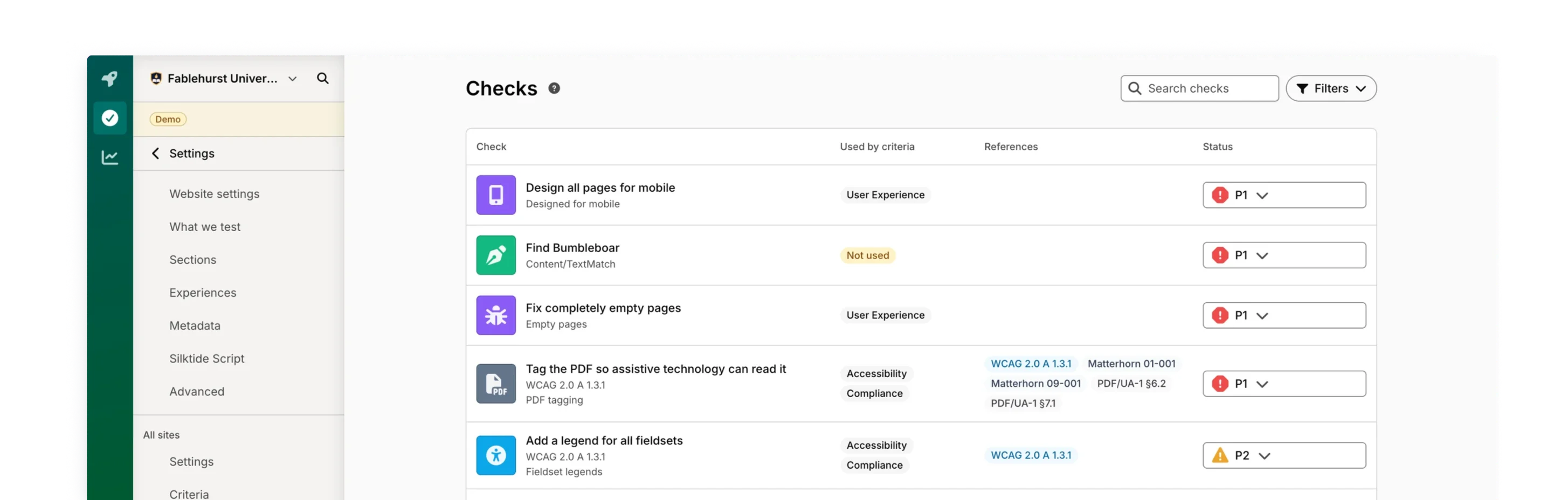 Silktide Checks screen listing accessibility checks with their area, WCAG references, and priority