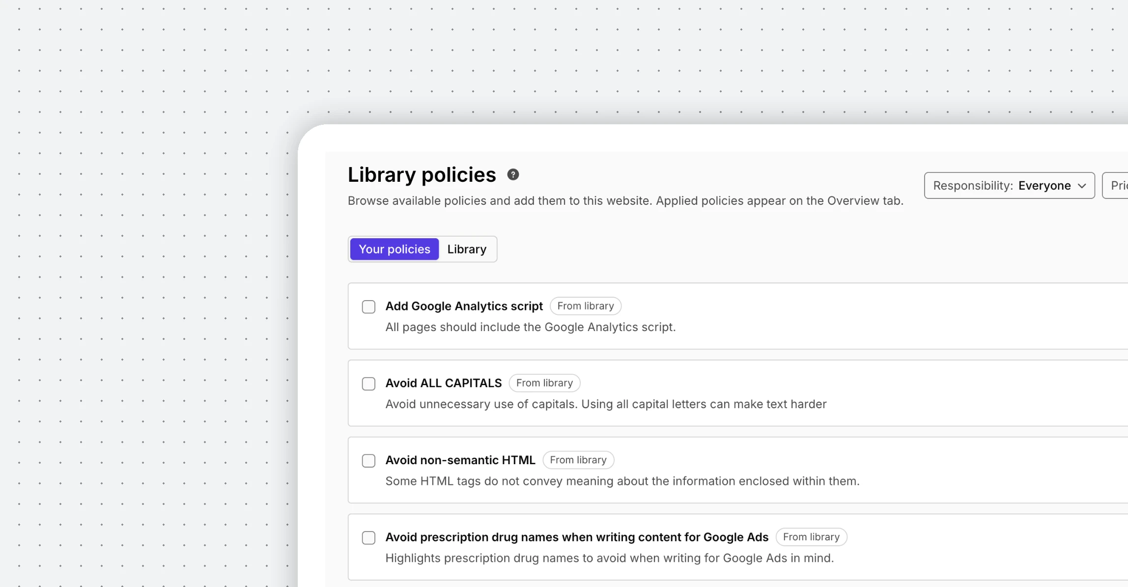 Silktide Library policies for Fablehurst University