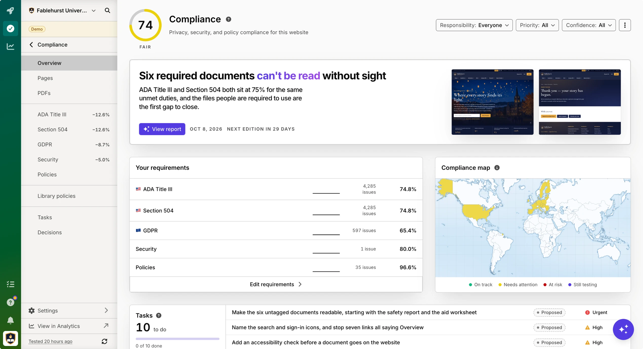 Compliance overview in Silktide for Fablehurst University, score 74, with requirements for ADA Title II, Section 504, GDPR, security, and policies, and a compliance map