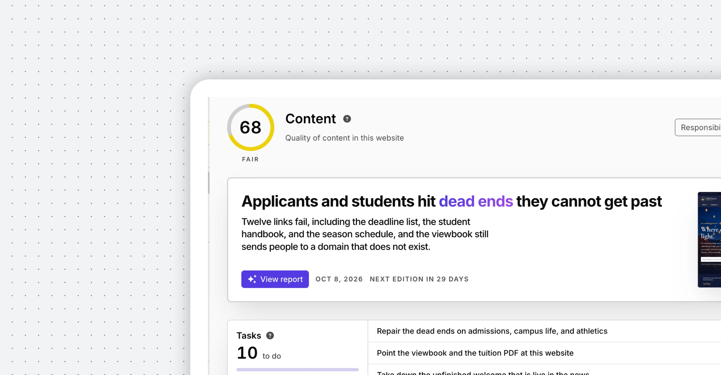 Silktide Content section overview for Fablehurst University