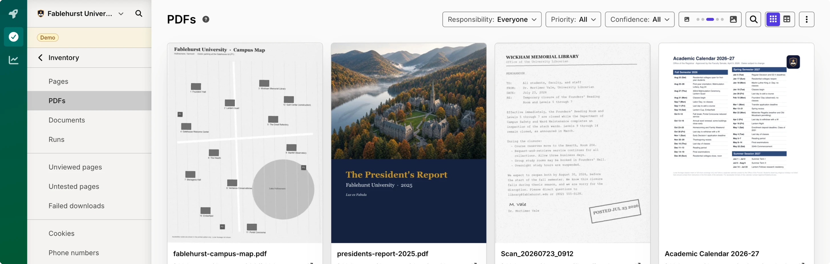 Silktide PDF inventory for Fablehurst University showing thumbnails of a campus map, the president's report, a form, and an academic calendar