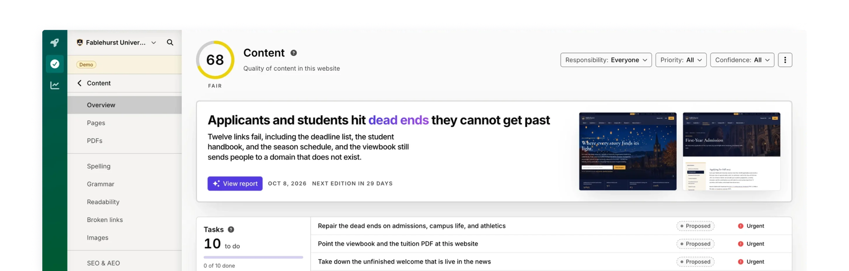 Silktide Content overview for Fablehurst scoring 68, with the AI optimizer brief Applicants and students hit dead ends they cannot get past and a tasks list