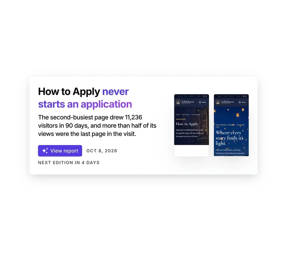 Silktide Analytics AI optimizer brief, How to Apply never starts an application, with a View report button and screenshots of the two Fablehurst pages