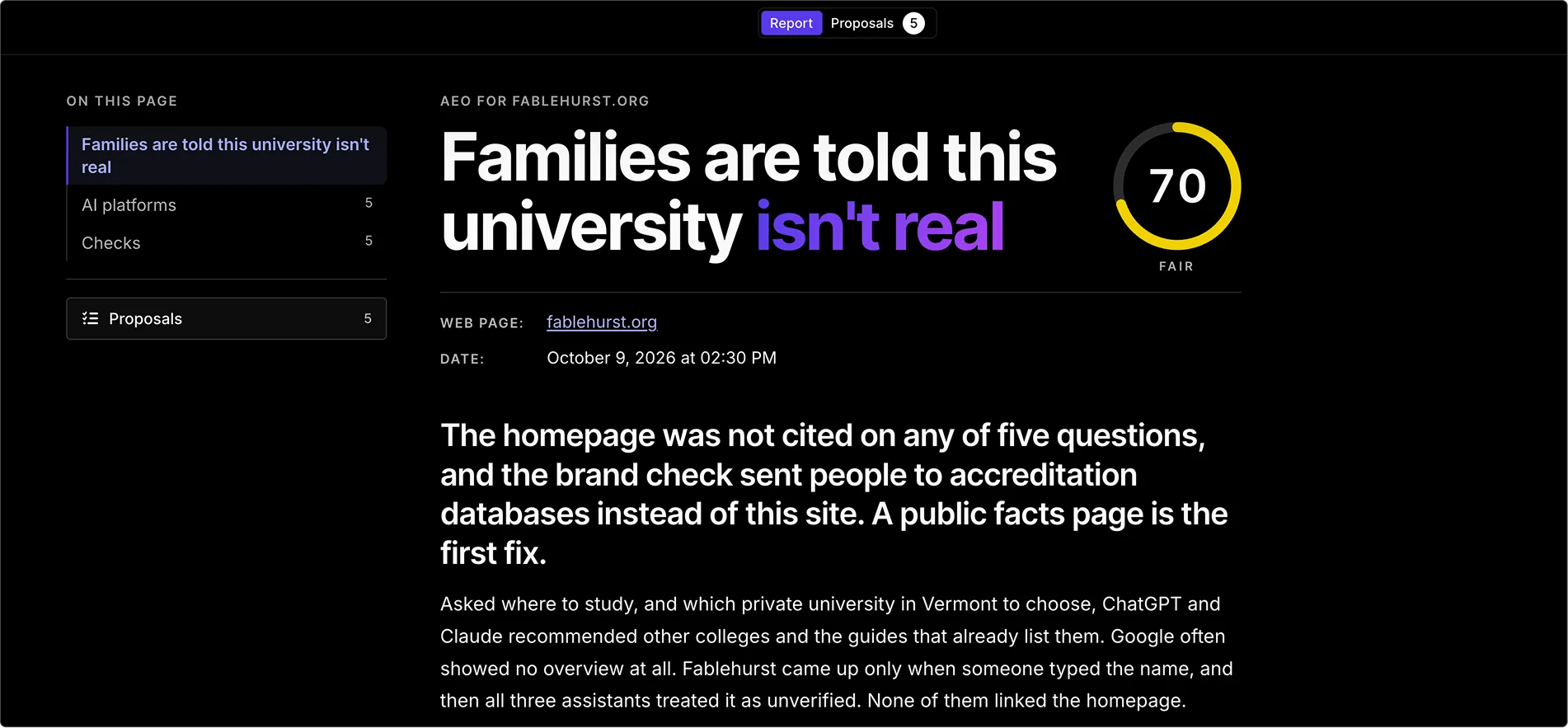 Silktide AEO page report for fablehurst.org headlined 'Families are told this university isn't real', scoring 70, with the first fix explained