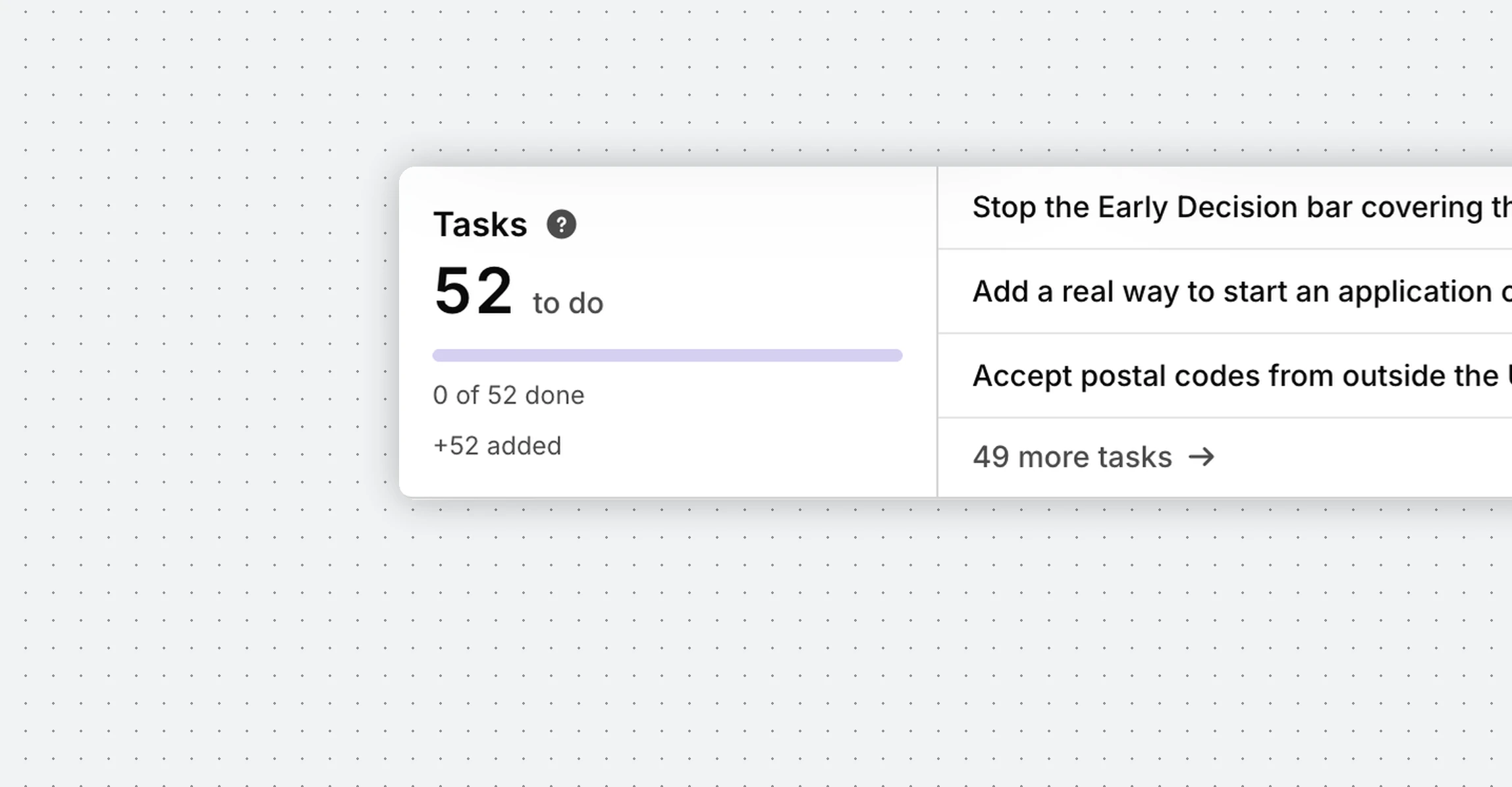 Silktide tasks progress card showing 52 tasks to do for Fablehurst University