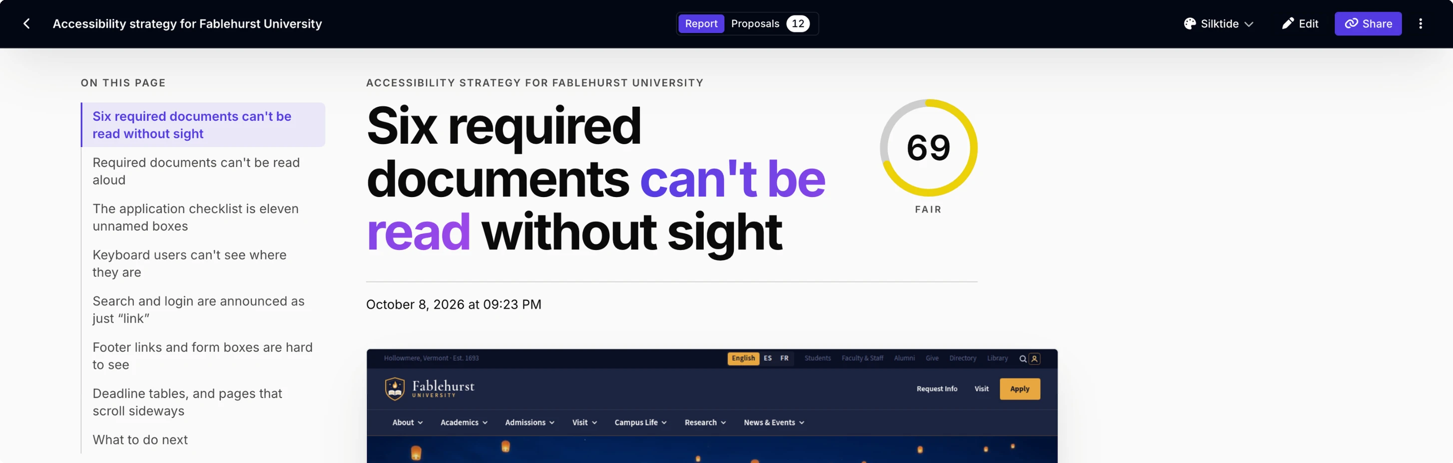 Silktide accessibility strategy report for Fablehurst University headlined 'Six required documents can't be read without sight', score 69
