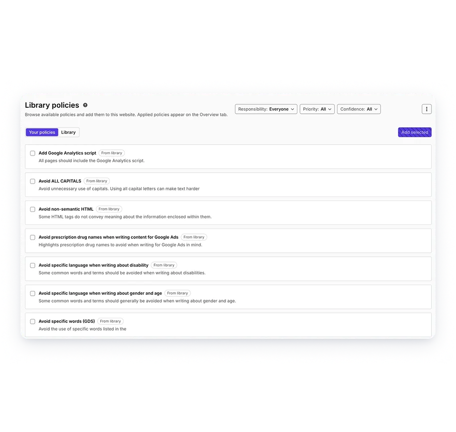 Silktide Library policies screen listing policies such as Add Google Analytics script and Avoid ALL CAPITALS, with filters