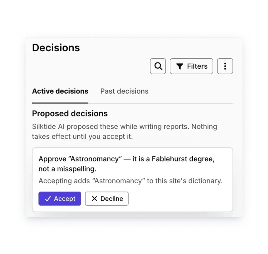 Silktide Decisions screen with a proposed decision to approve Astronomancy as a Fablehurst degree name, with Accept and Decline buttons