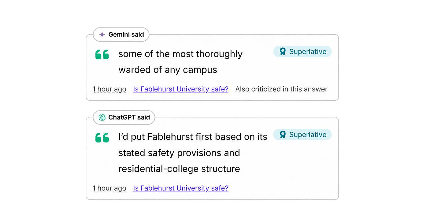 Two stored AI answers about Fablehurst, one from Gemini and one from ChatGPT, each marked Superlative with the question they answered