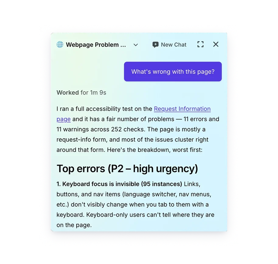 Silktide AI chat answering What's wrong with this page? with a breakdown of the top accessibility errors on the Request Information page