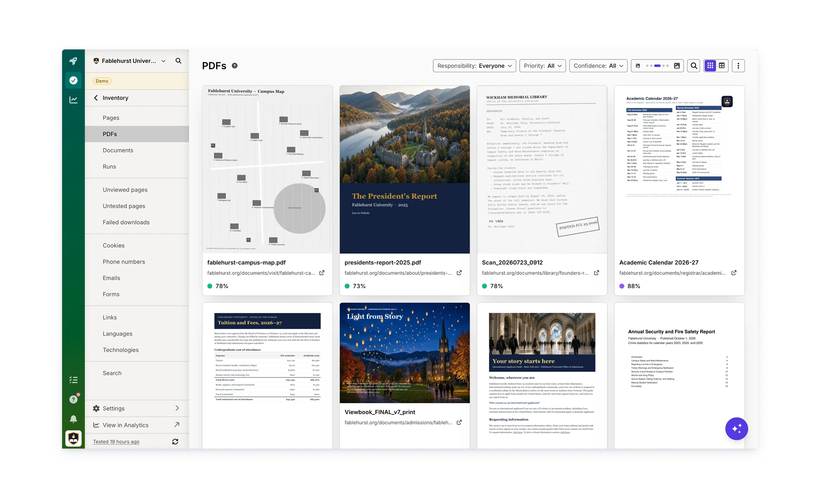 Silktide PDFs inventory for Fablehurst showing document thumbnails with their accessibility scores