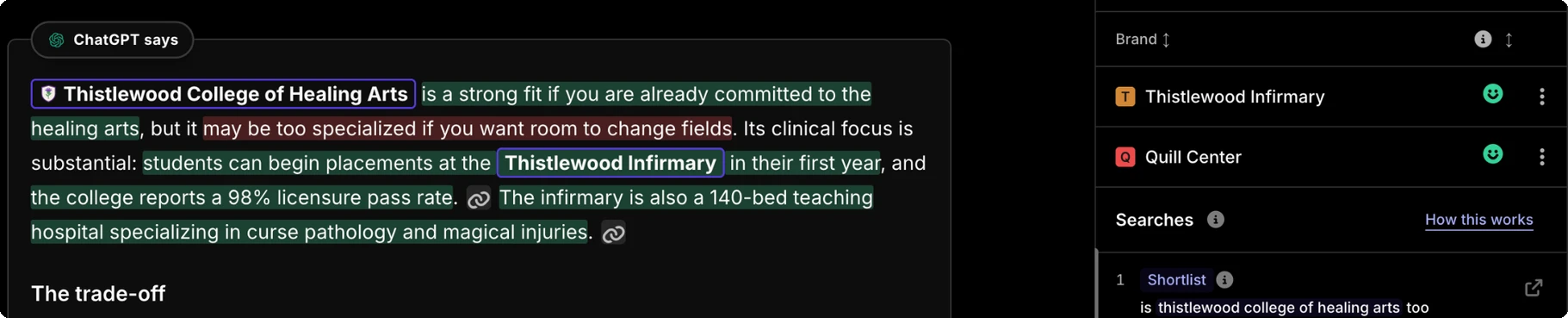 A ChatGPT answer about Thistlewood College of Healing Arts annotated by Silktide to show which brands, claims, and sources it contains