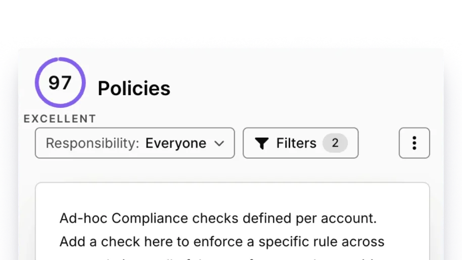 Silktide Policies screen scoring 97, Excellent, with responsibility and filter controls and a description of ad-hoc compliance checks
