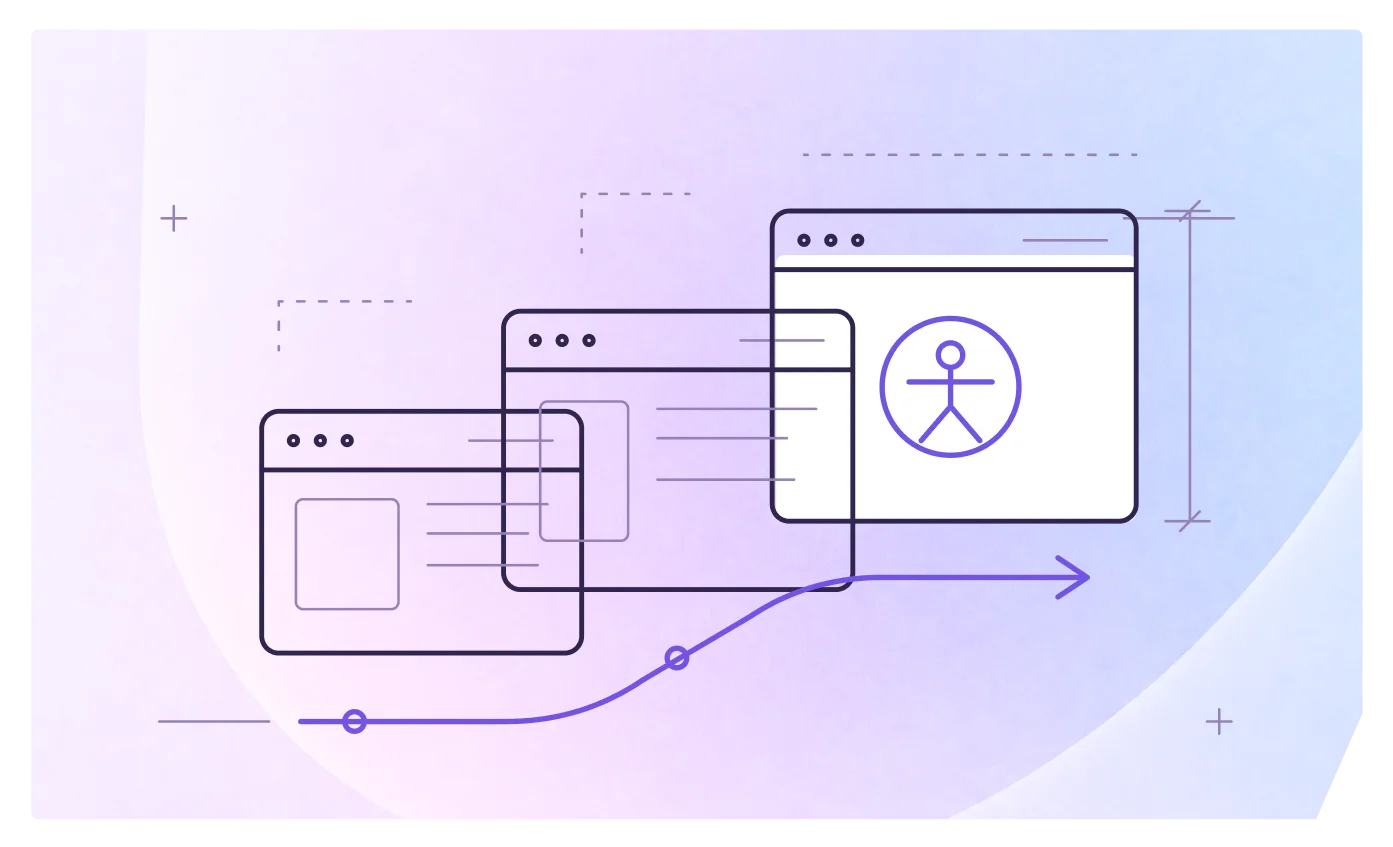 Illustration of three browser windows linked by a path, with an accessibility icon
