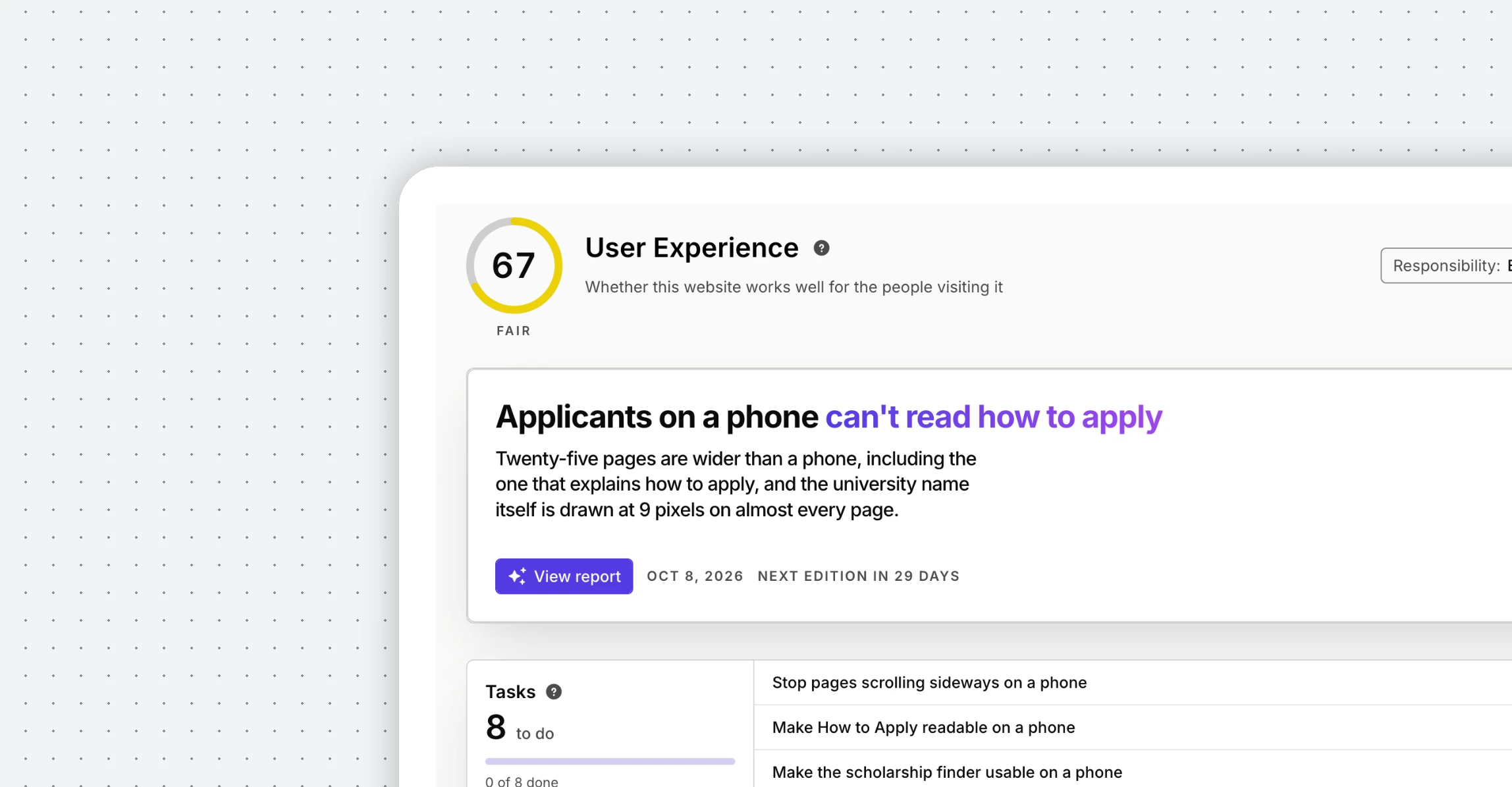 Silktide User Experience section overview for Fablehurst University