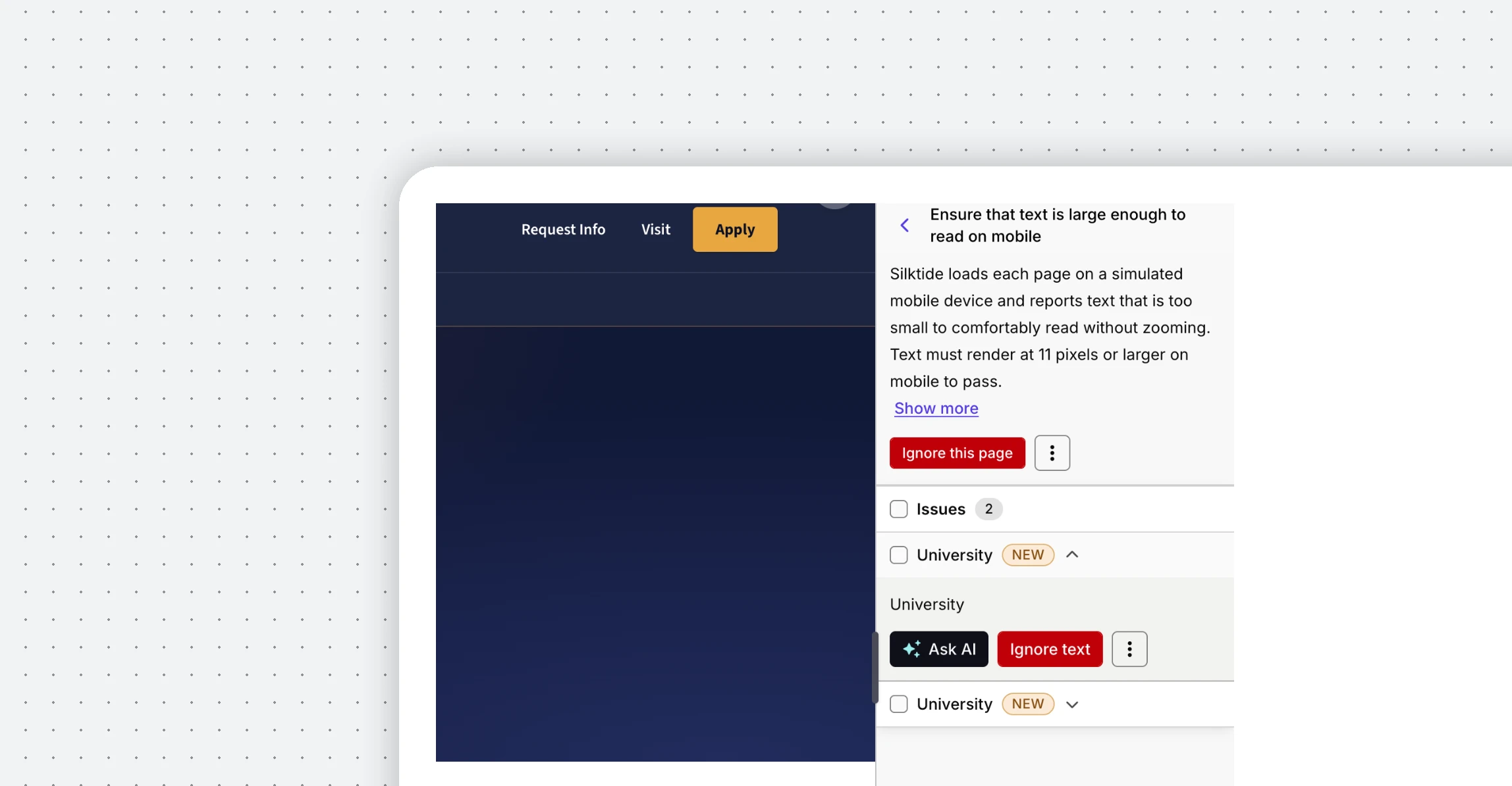 Silktide Inspector showing a user experience issue on a Fablehurst page with fix guidance