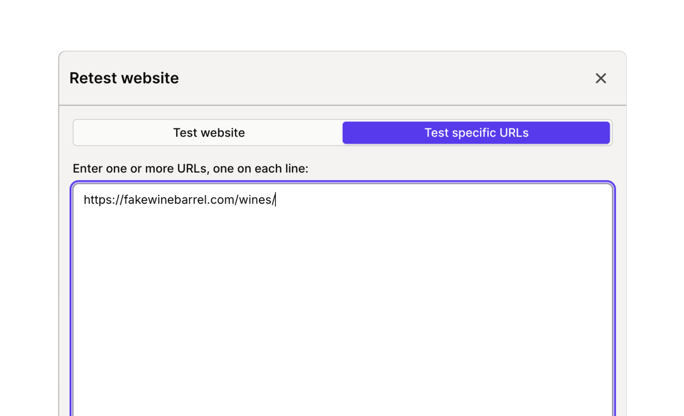 Silktide retest dialog with the option to test specific URLs