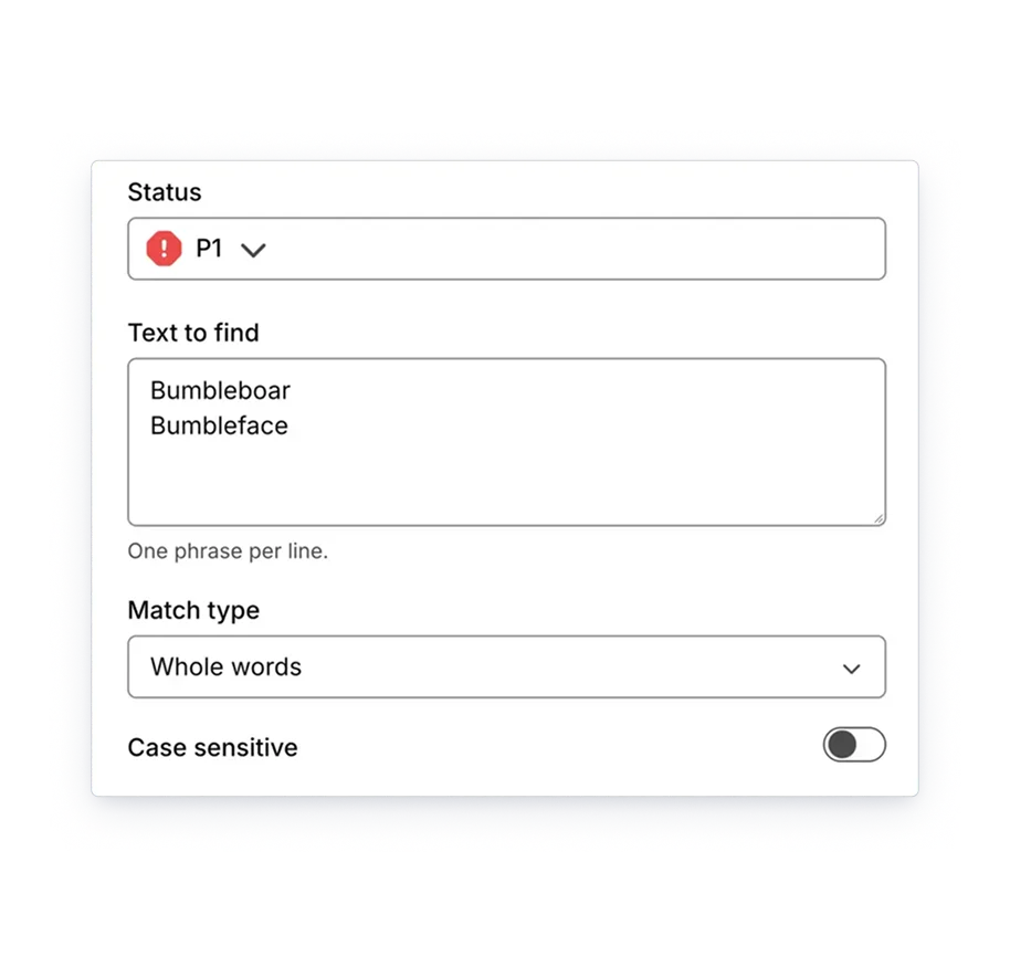 Silktide custom check editor: status P1, text to find with one phrase per line, match type whole words, case sensitive toggle