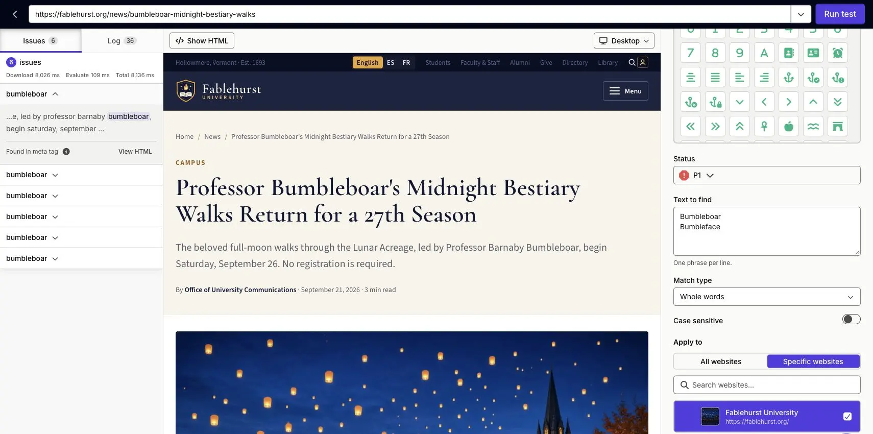 The Silktide inspector, showing a Fablehurst webpage under scrutiny, for a custom check to find the name "Bumbleboar" which has been flagged multiple times on this page. The page is an article titled, "Professor Bumbleboar's midnight bestiary walks return for a 27th season". 
