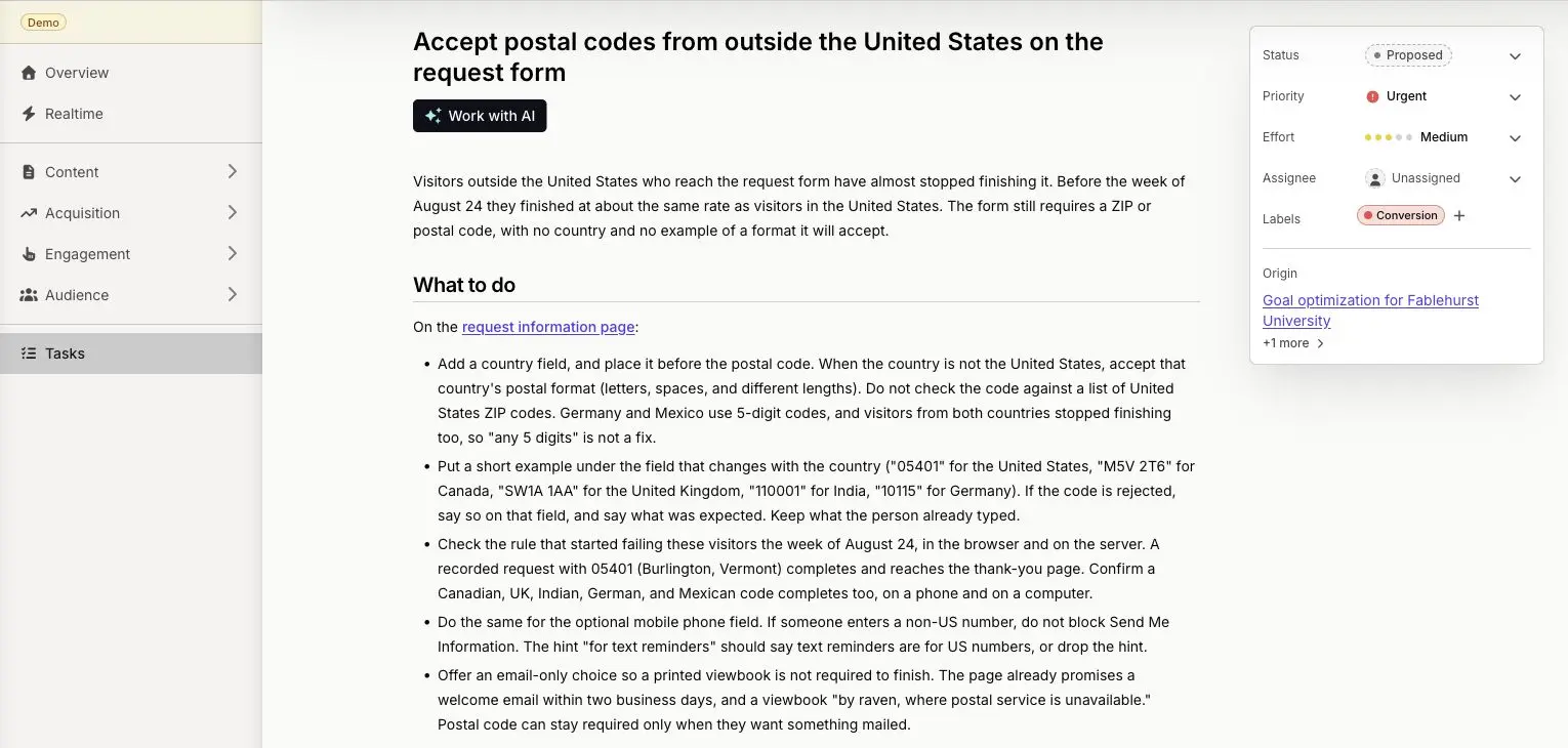 A generated task, titled "Accept postal codes from outside the United States on the request form". It has a description of the task, and what the user must do to solve it. To the right of the text are some editable items about the status of the task, priority level, effort required, who it's assigned to, labels, and a link to the origin of the task.