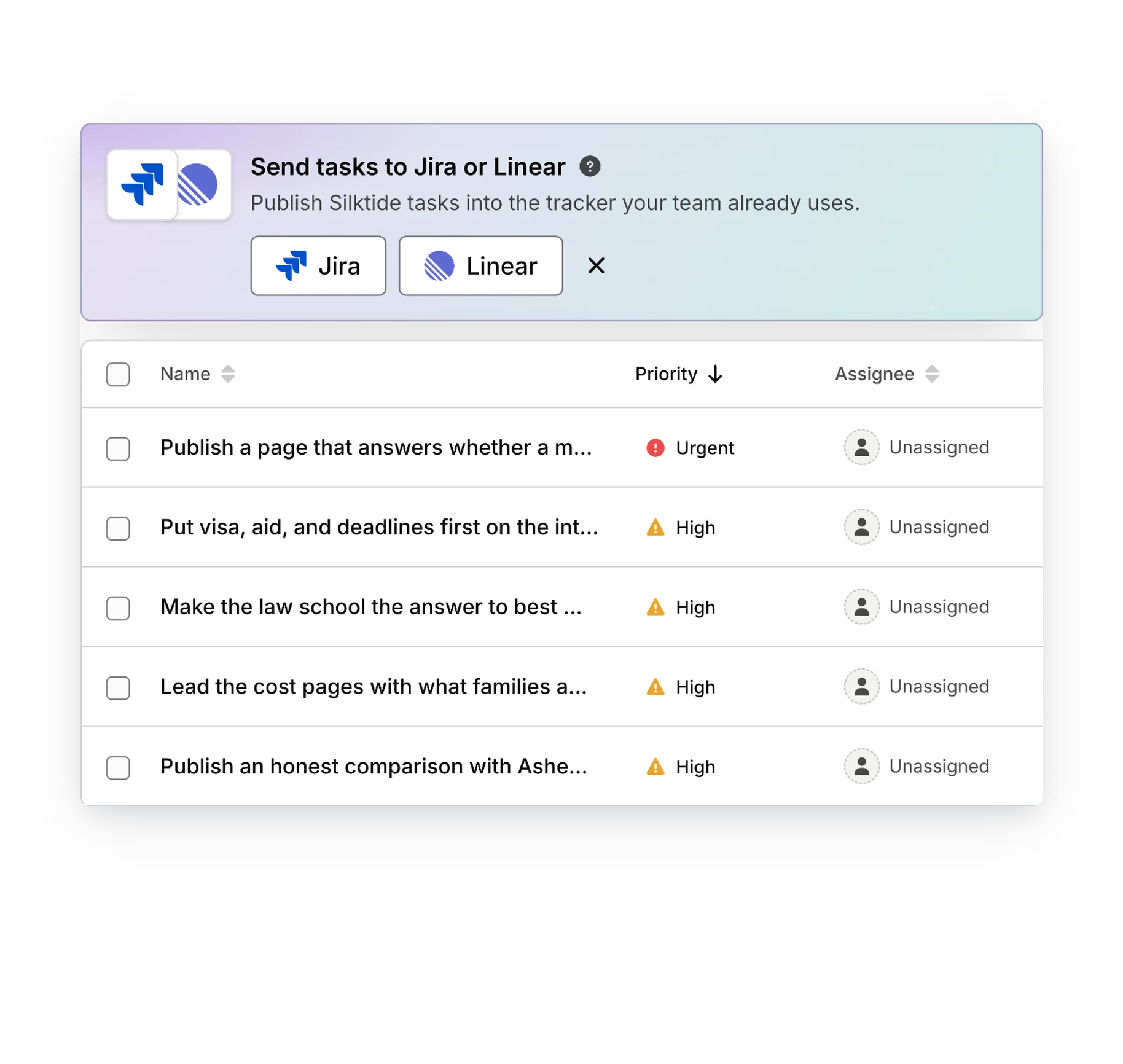 Silktide tasks list with the Send tasks to Jira or Linear banner: proposed AEO tasks with priority and assignee